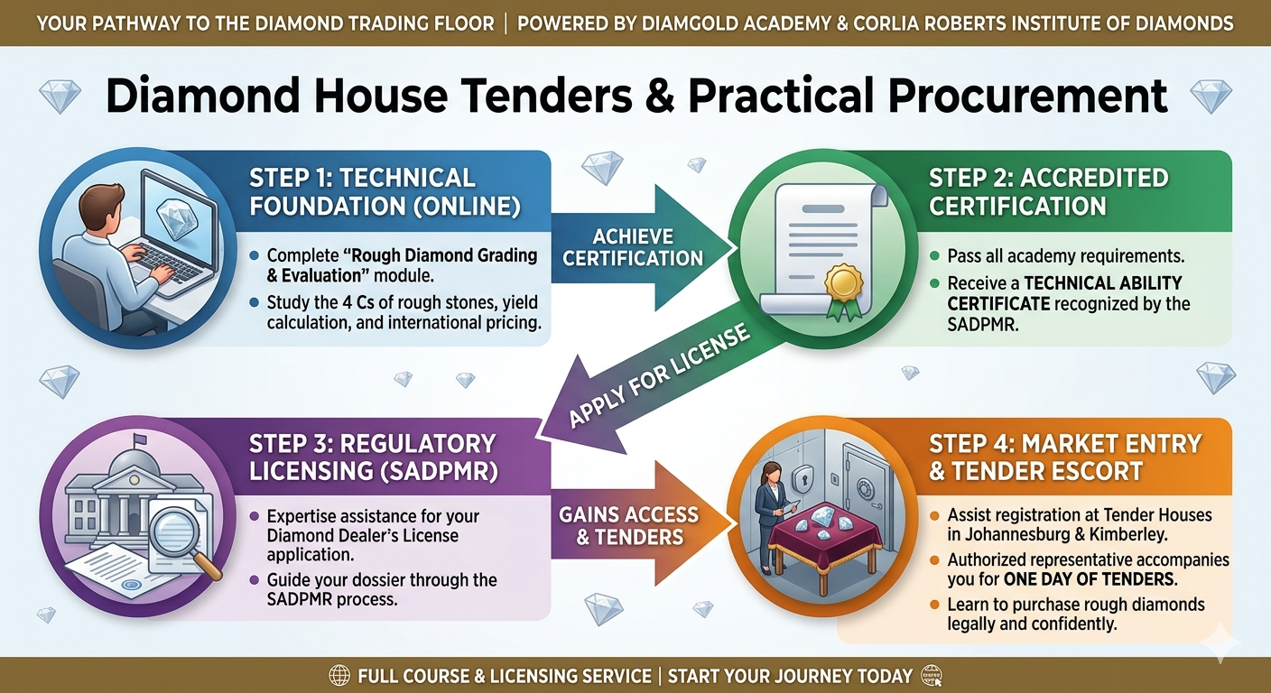 An infographic showing the 4-step professional pathway for the Diamond House Tenders course by Diamgold Academy and Corlia Roberts Institute: Step 1 Online Technical Foundation, Step 2 Accredited Certification (Technical Ability Certificate for SADPMR), Step 3 Regulatory Licensing assistance, and Step 4 Market Entry with a one-day expert escort to diamond tenders in Johannesburg or Kimberley.