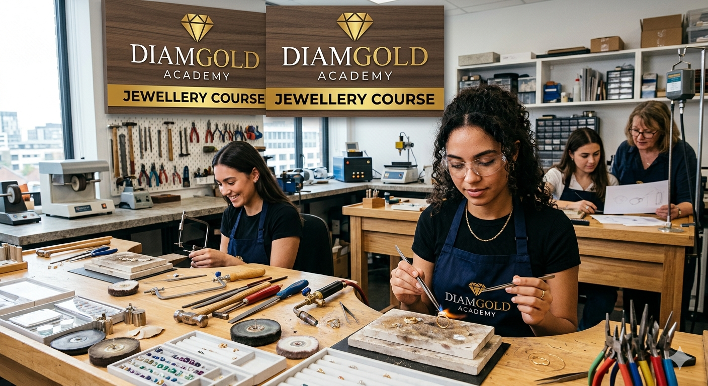 Student hand-fabricating a silver ring in a professional jewelry making workshop.